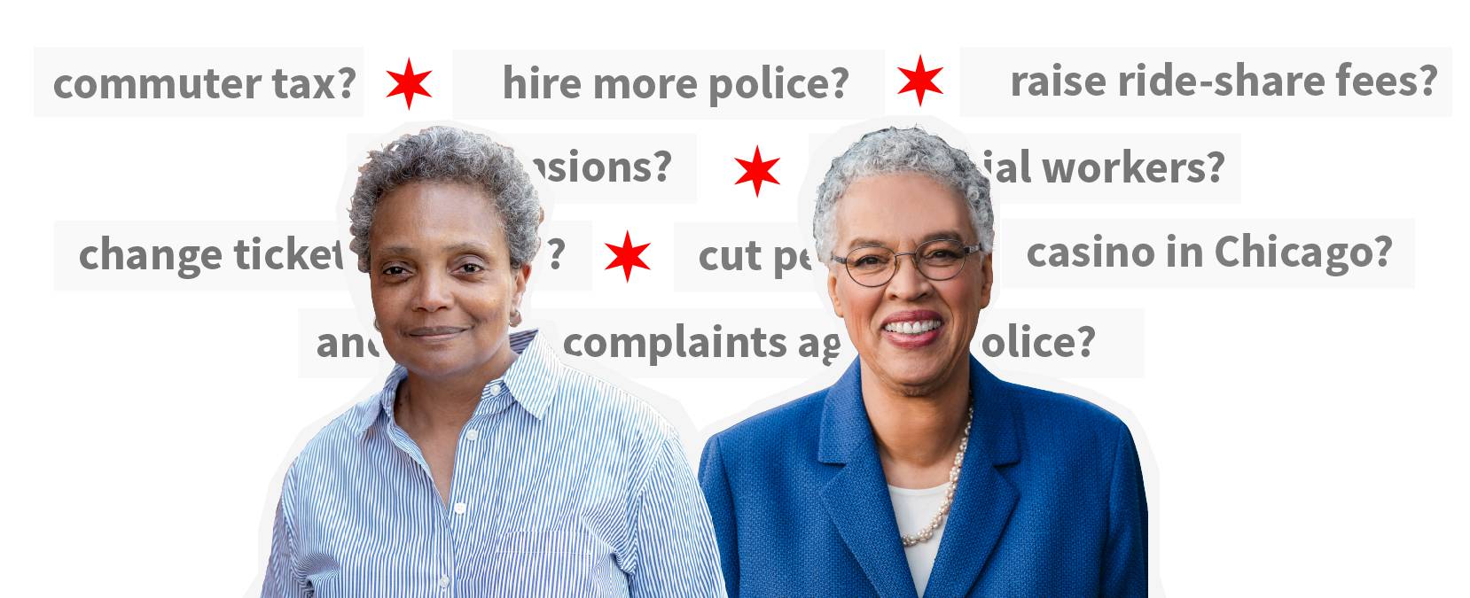 Cutout photographs of Lori Lightfoot and Toni Preckwinkle against a backdrop of questions.