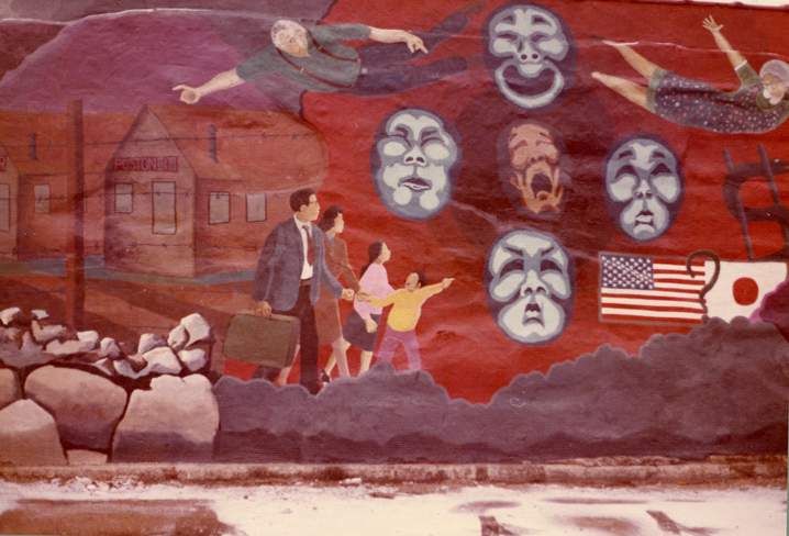A mural that once covered the facade of the Japanese American Service Committee building showed  the ambiguous cultural identities of the post-war generations. (Courtesy Japanese American Service Committee Legacy Center)