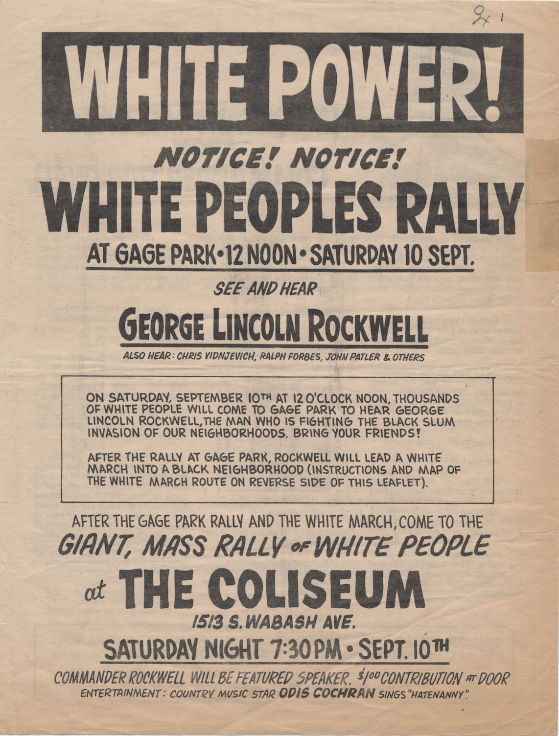 A poster promoting George Lincoln Rockwell’s “White People’s March” in Chicago. (Courtesy Chicago History Museum, ICHi-037344-A)