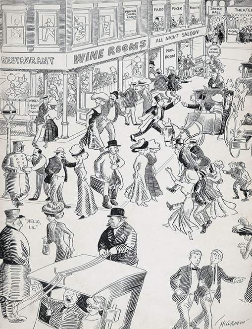 An early 20th century cartoon of Chicago's Levee District, or vice district, shows same-sex couples walking in pairs down the street. (Courtesy Chicago History Museum, ICHi-062276; John T. McCutcheon,artist)