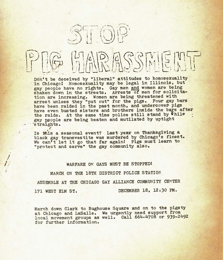 A Chicago Gay Alliance poster announcing a march against police harassment of gay people. (Courtesy Charles Deering McCormick Library of Special Collections, Northwestern University Libraries)
