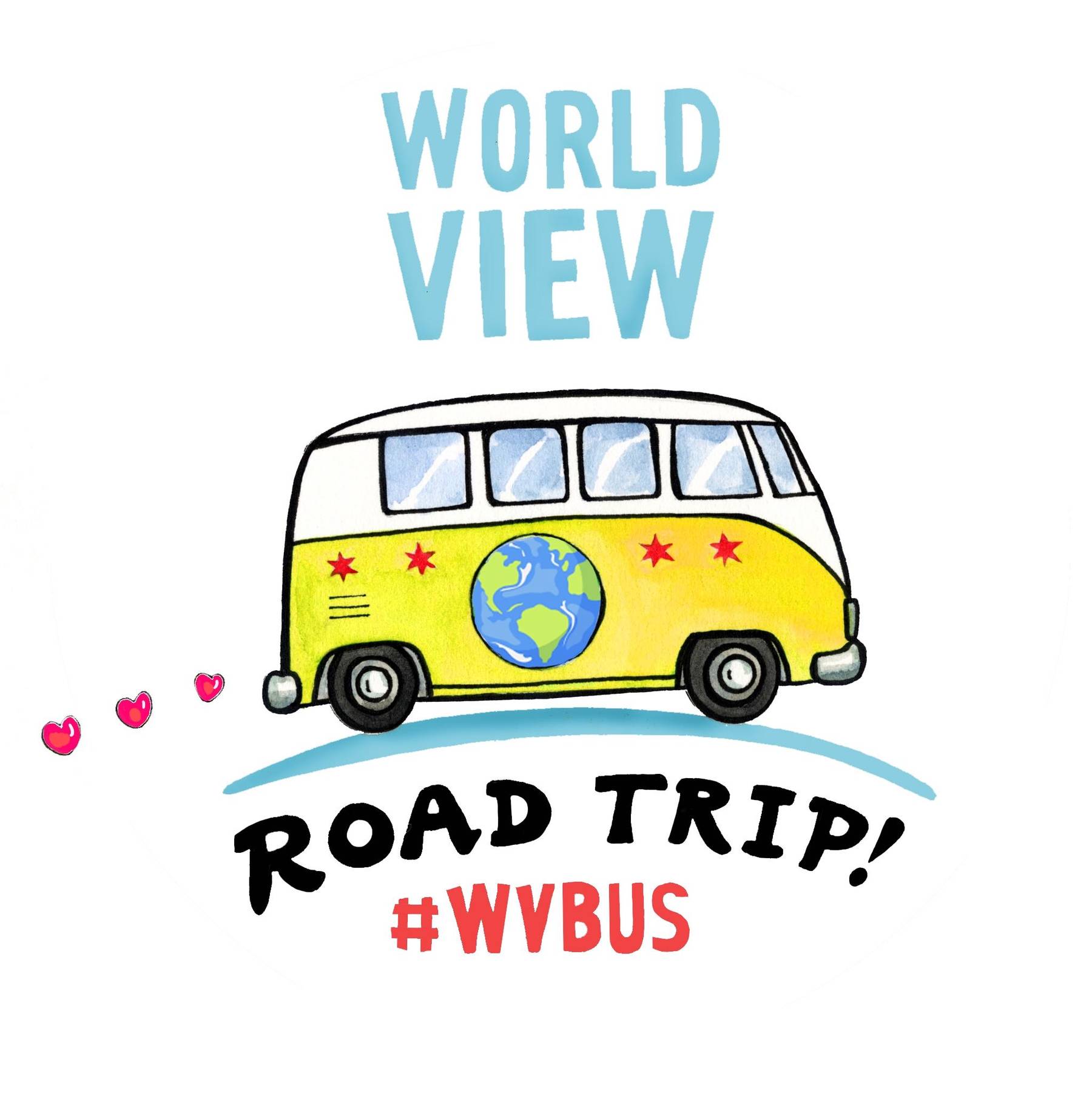 A yellow bus emitting hearts