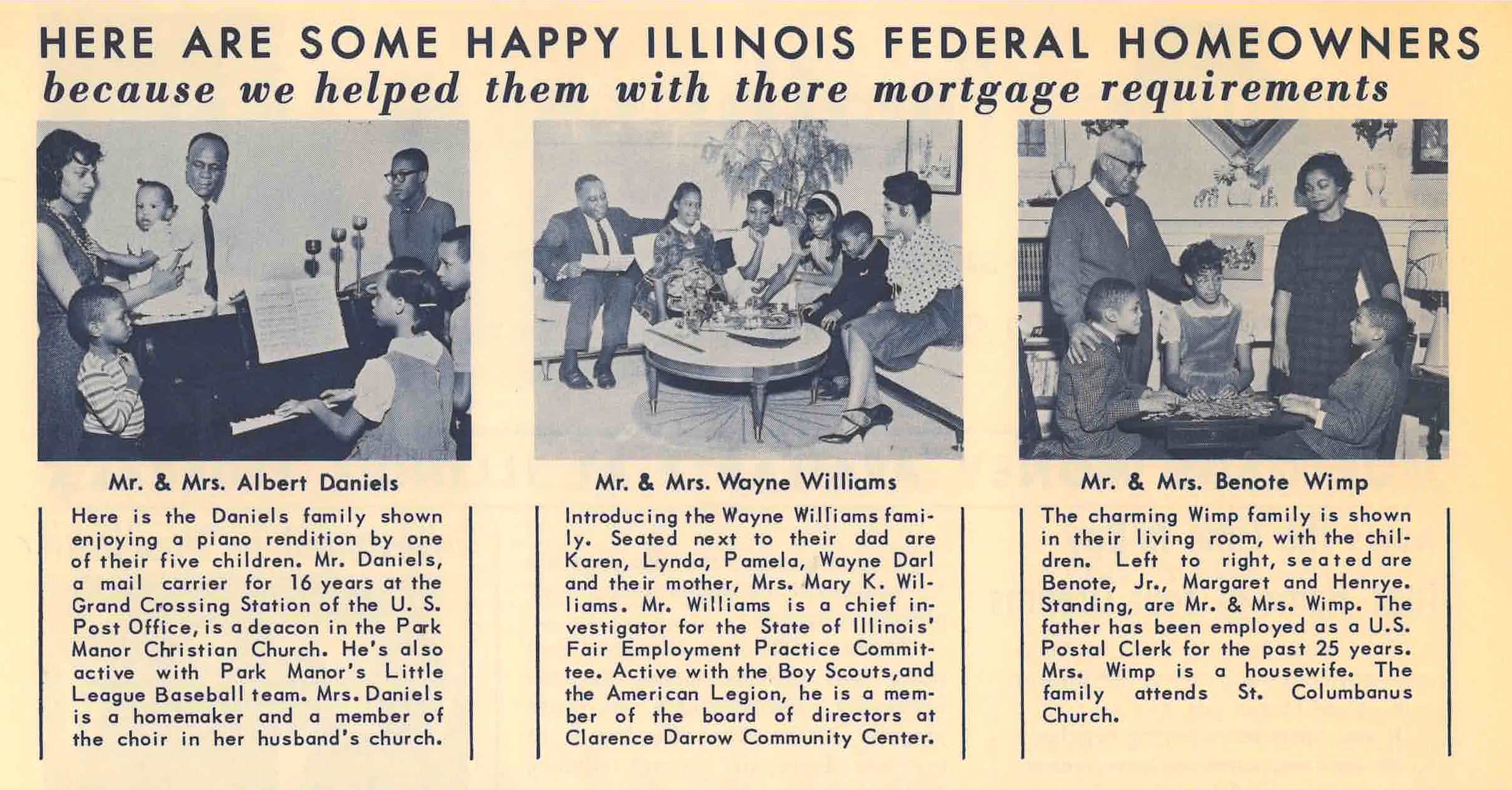 Portraits of three families. The Daniels family play piano together, the Williams family sit around a coffee table and the Wimp famiy sit in the libiring room.