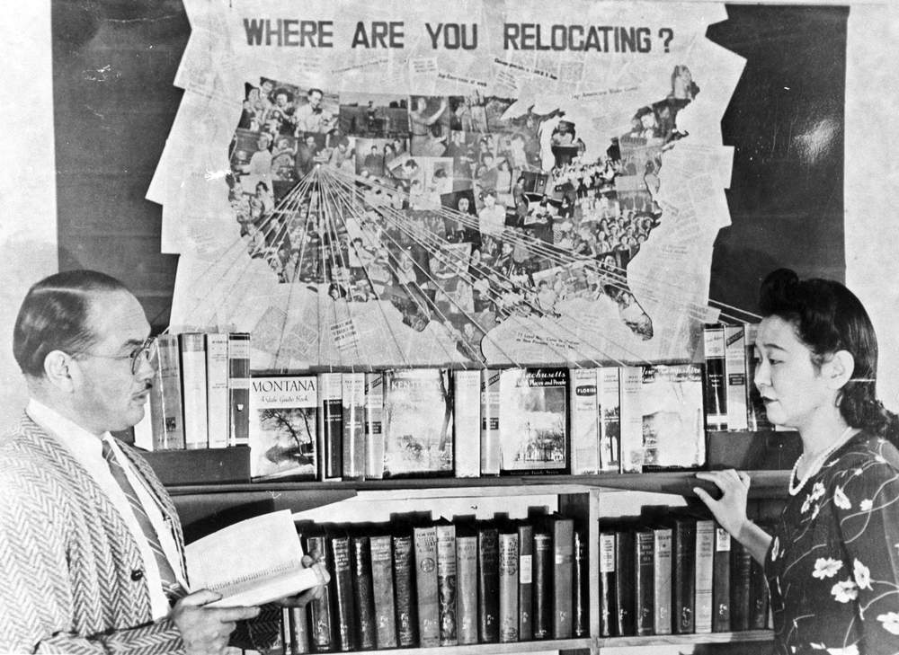 In the Minidoka camp library, a map showed  destinations for resettlement around the country. (Courtesy National Archives and Records Administration)