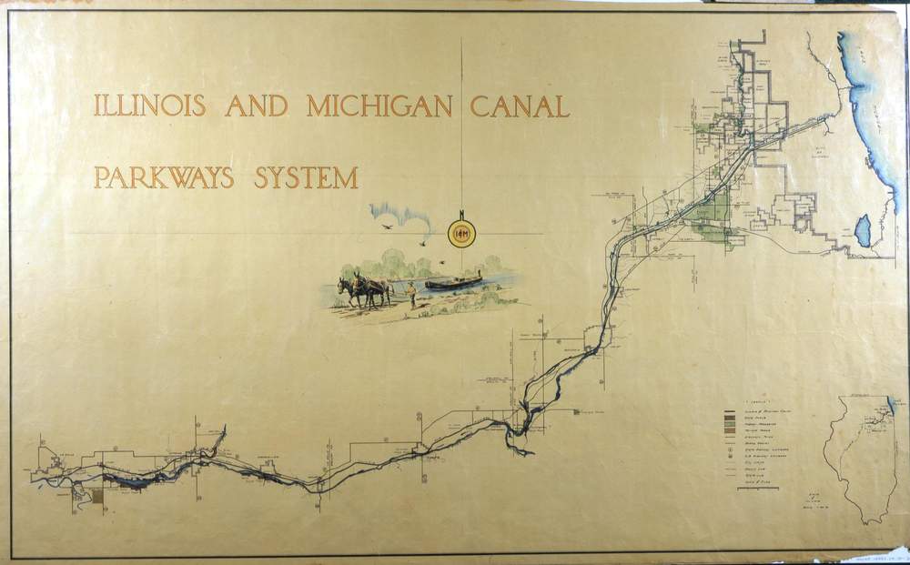 Completed in 1848, the Illinois and Michigan canal linked the Great Lakes and the Mississippi River, helping establish Chicago as the center of Midwestern trade. (Illinois and Michigan Canal parkways system, by Illinois State Planning Commission, 1938. Call number: map6F G4102.I4 19--14. Courtesy The Newberry Library Chicago.) 