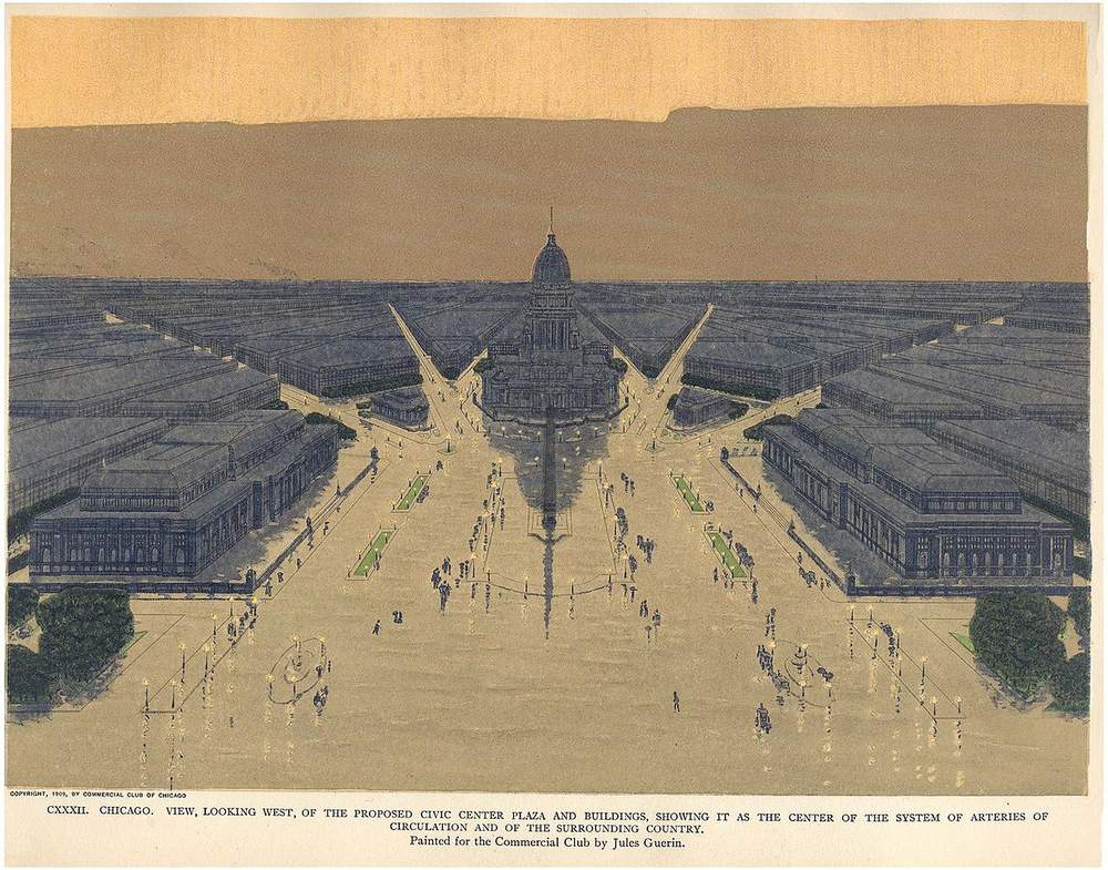 A rendering of Burnham and Bennett&#39;s vision of Congress Street as a &quot;grand axis&quot; through the city as published in the 1909 Plan of Chicago. (Jules Guerin [Public domain], via Wikimedia Commons)