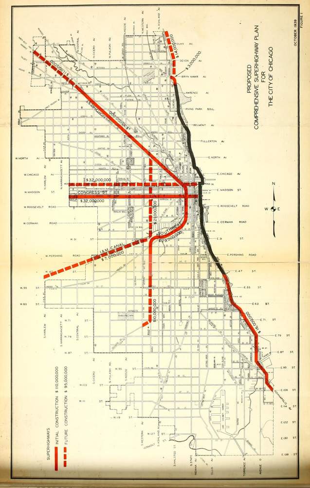 An early proposal to develop a network of expressways. (Source: A Comprehensive Superhighway Plan for the City of Chicago, 1939)