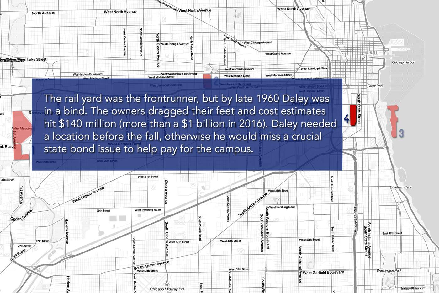 The rail yard was the frontrunner, but by late 1960 Daley was in a bind. The owners dragged their feet and cost estimates hit $140 million (more than a $1 billion in 2016). Daley needed a location before the fall, otherwise he’d miss a crucial state bond issue to help pay for the campus.