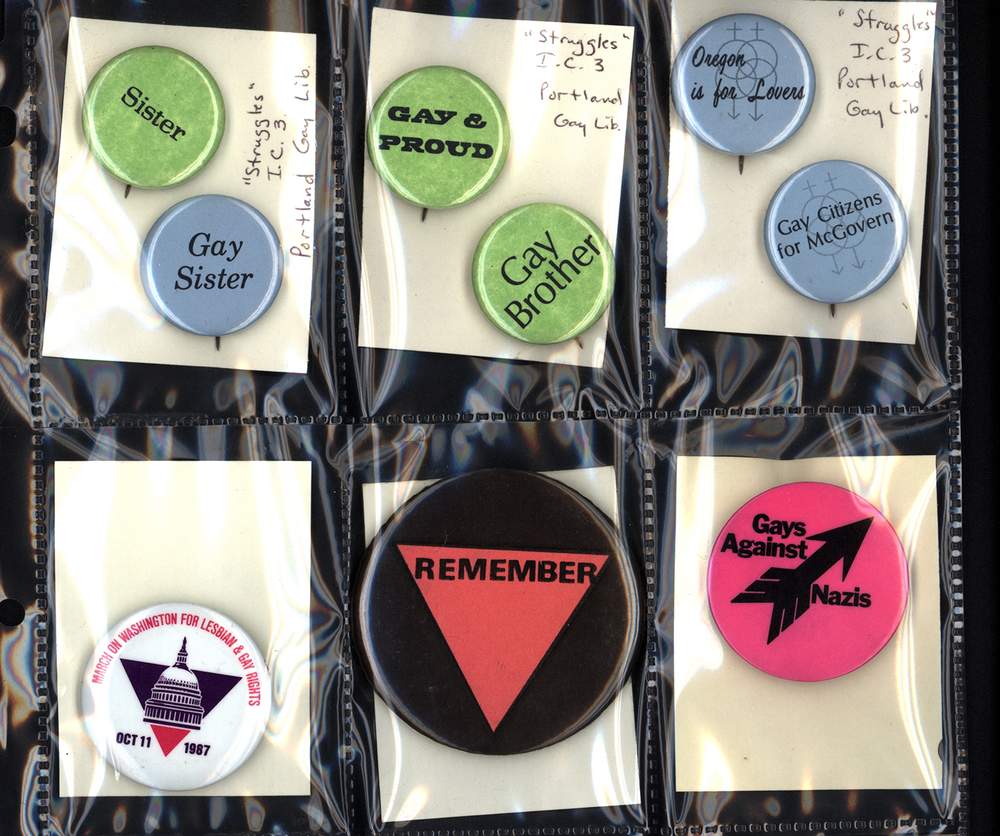 An assortment of gay activism buttons. (Courtesy Charles Deering McCormick Library of Special Collections, Northwestern University Libraries)