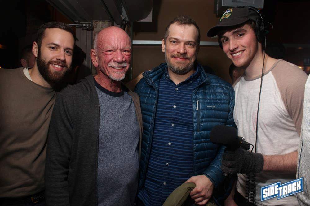 Questioner Jack Floyd (left) at Sidetrack gay club in Boystown alongside owner Art Johnston (second from left) and Curious City reporters Jason Nargis (second from right) and Steven Jackson (right). (Courtesy Sidetrack Bar)