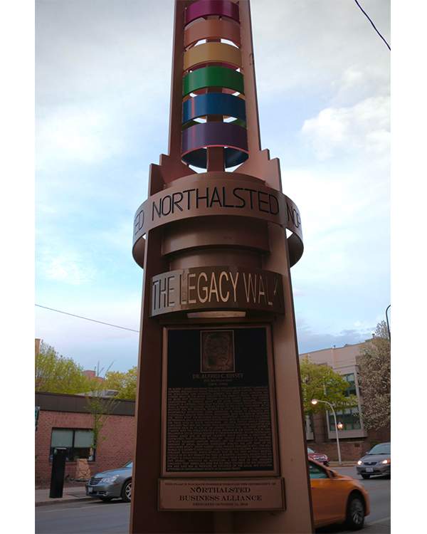 In 1997, Mayor Richard M. Daley issued a public works project that installed rainbow pylons along a stretch of North Halsted Street. (WBEZ/Katherine Nagasawa)