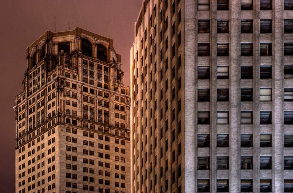 Abandoned buildings--the David Broderick Tower looms behind the David Whitney Building in downtown Detroit. (Courtesy of Zachery Fein)
