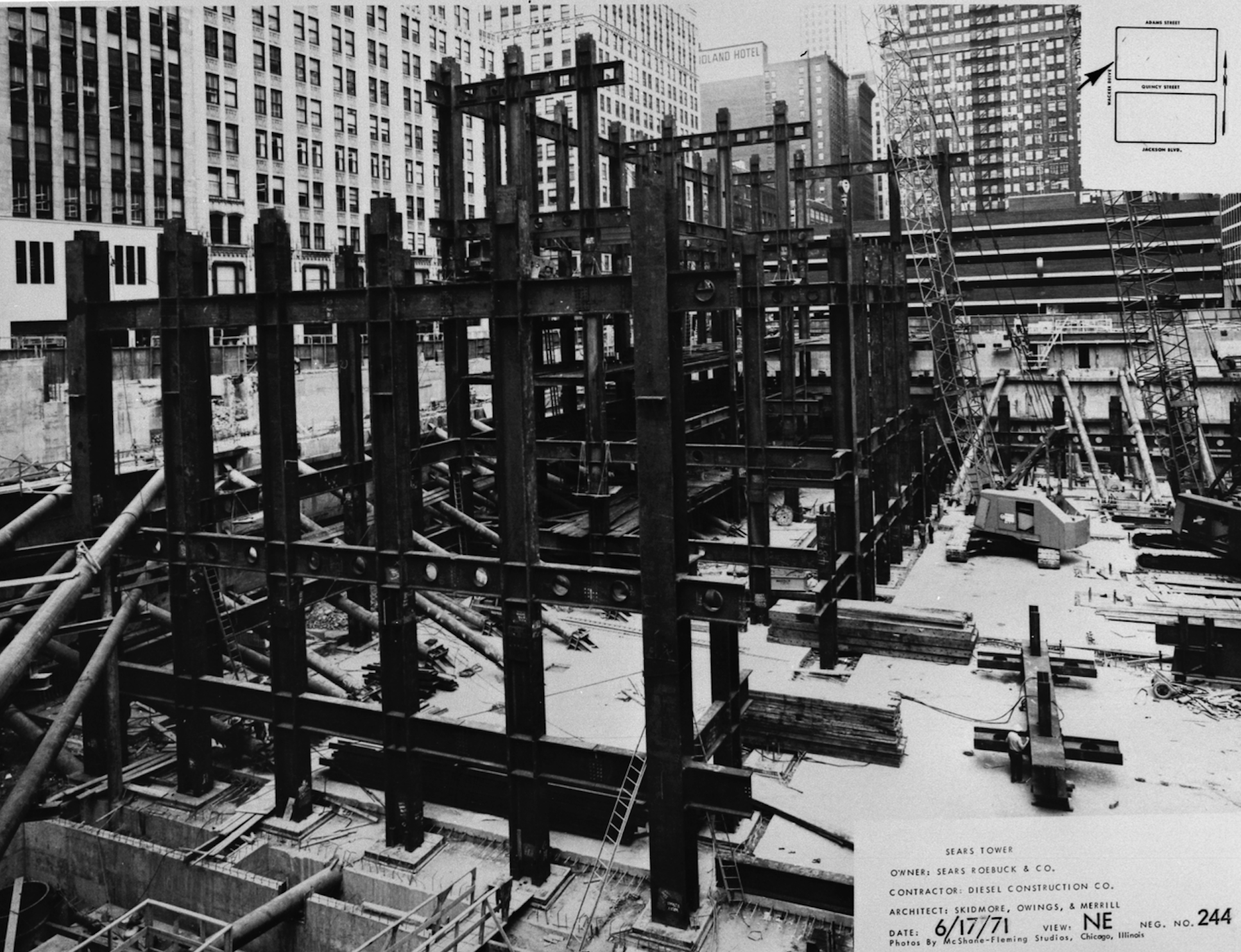 Early construction of the Willis Tower&#39;s steel foundation. (Chicago Architecture Foundation archives; Courtesy Skidmore Owings &amp;amp; Merrill LLP)
